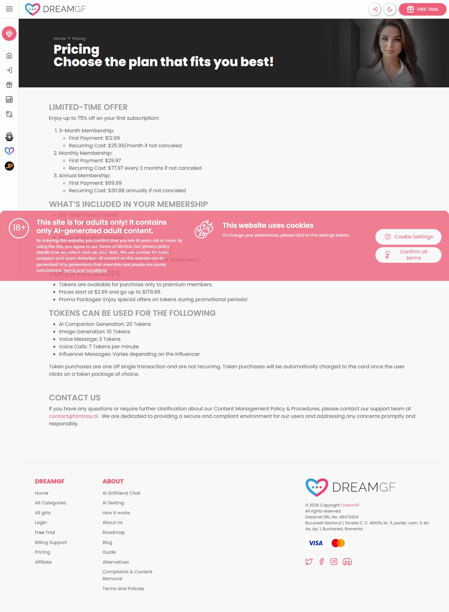 Dream GF pricing page
