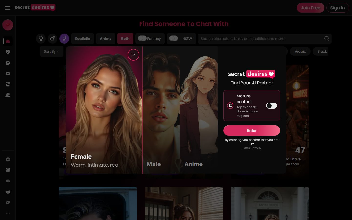 Secret Desires AI home page